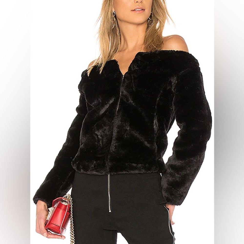 Endless Rose Off Shoulder Faux Fur Jacket in Black Like New Medium